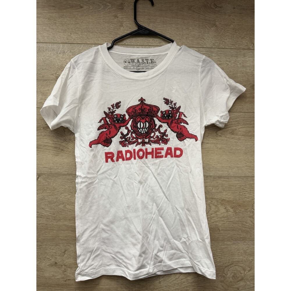 Womens Large L Radiohead Short Sleeve Shirt White Waste W.A.S.T.E. Red Crown